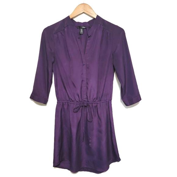 Aqua V Neck Purple Mini Dress Long Sleeve Drawstring Tie Waist Workwear Party S - Picture 2 of 13